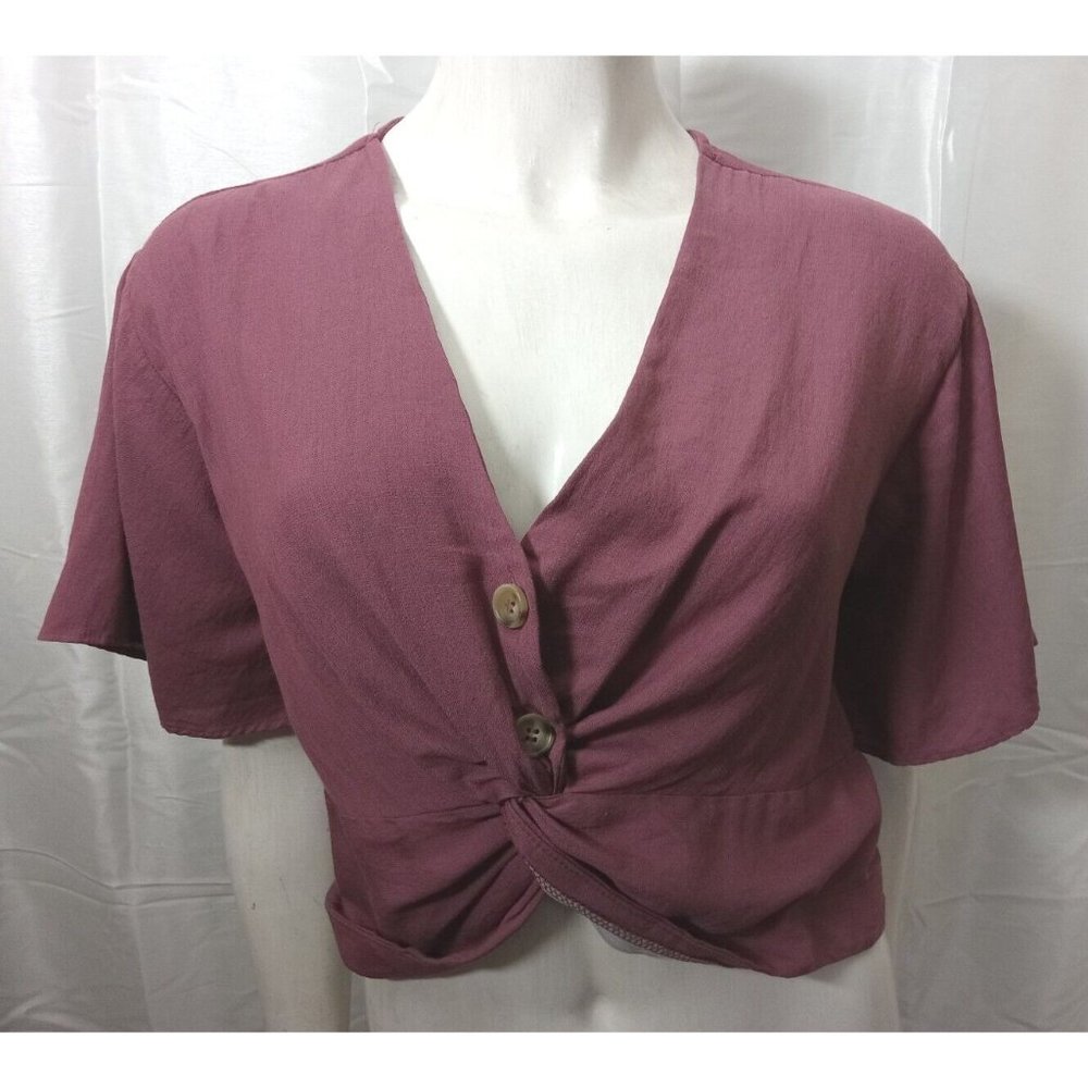 TIMING BLOUSE  WOMENS BUTTOM FRONT CROP TOP  LARGE FAN SHORT SLEEVE  RUSTIC ROSE